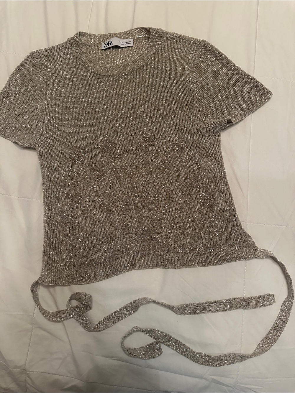 Zara Metallic Knit Tie-Waist Top - Silver